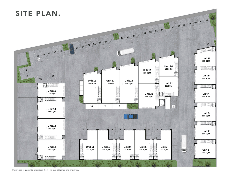 Site plan for The Precinct Flagstone showing 22 industrial units and parking