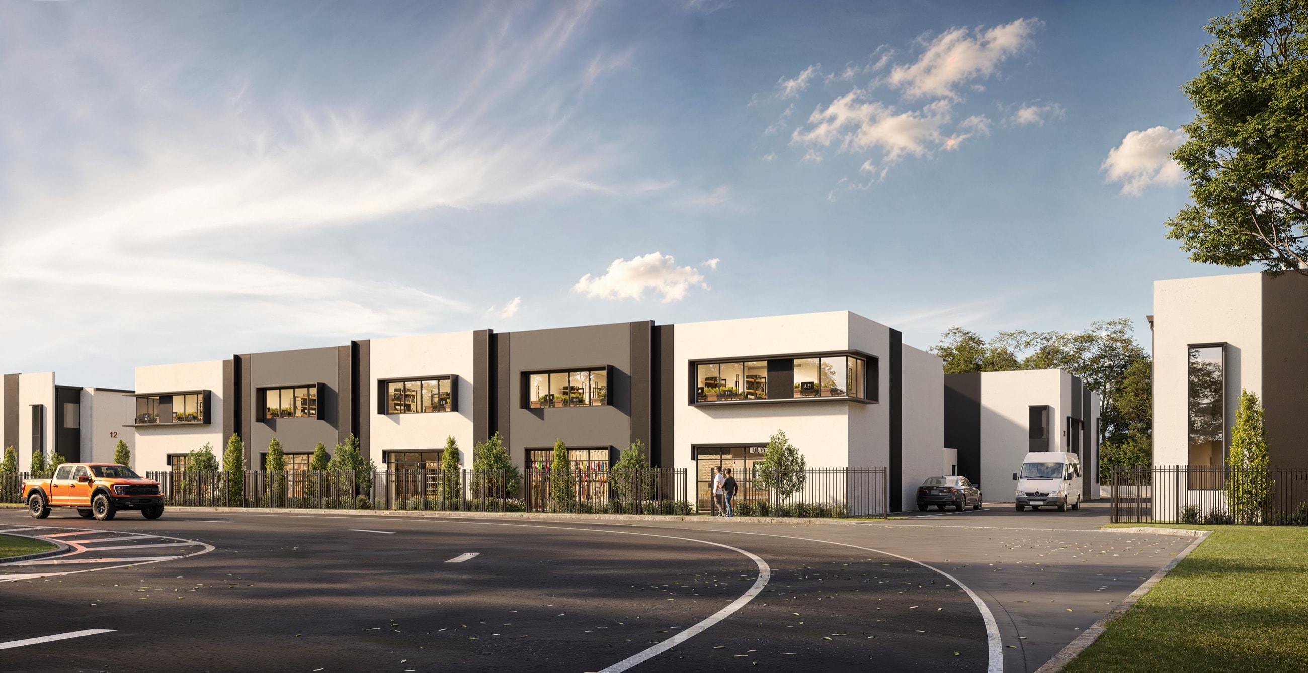 Wide street-level render of The Precinct Flagstone industrial frontage