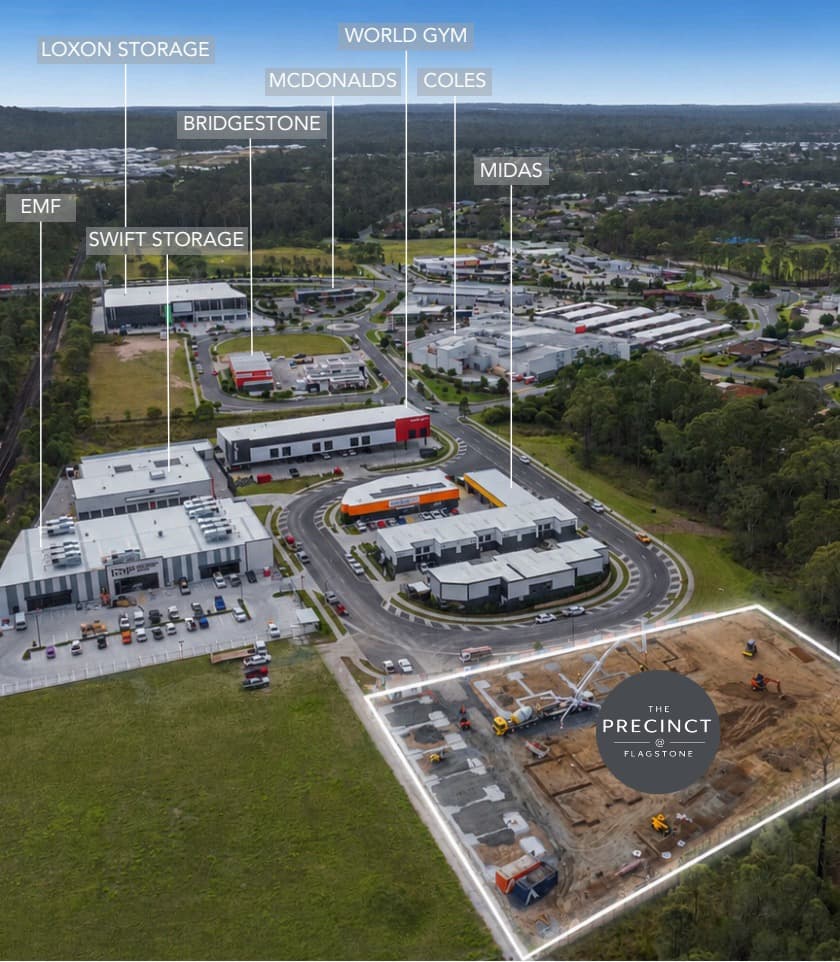Annotated aerial view showing The Precinct Flagstone site outline and nearby businesses