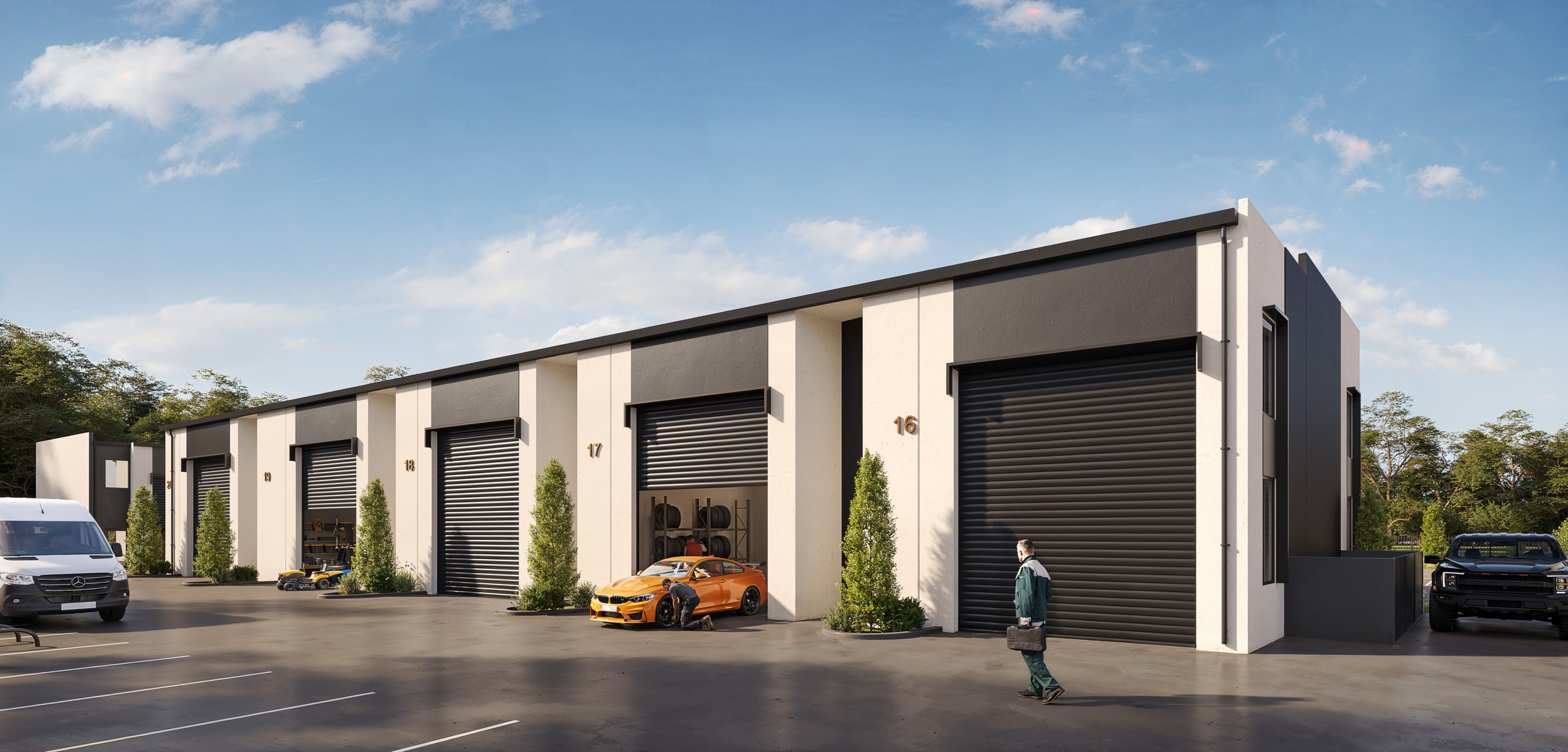 Dusk render of secure internal warehouse circulation at The Precinct Flagstone